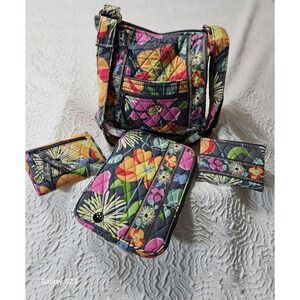 Vera Bradley Set -4 Crossbody Gray Quilted Floral Purse Wallet Tablet Coin Bags